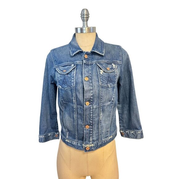 7 For All Mankind Womens Denim Jacket Medium Wash Distressed Button-Up Small